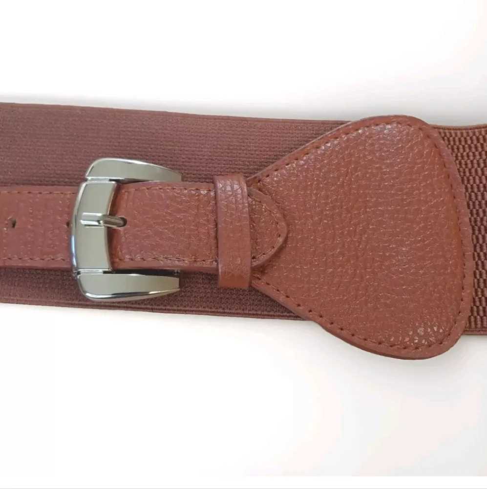 Cognac Stretch Waist Belt Sz Med Lg Double Gold Buckle Southwestern Boho Fairy